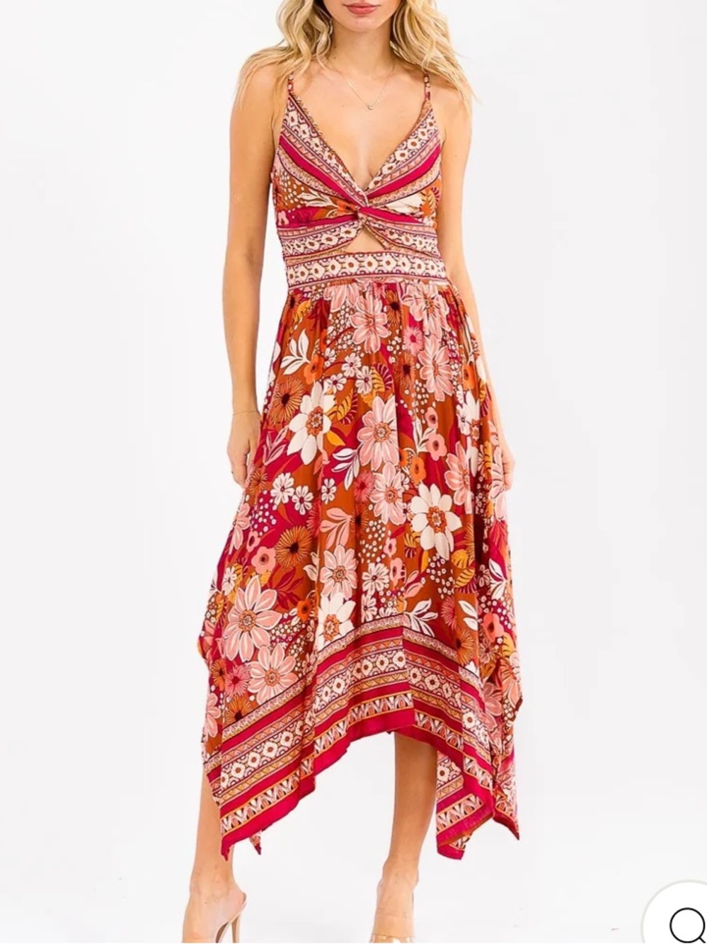 Angie Red Multi Floral Asymmetrical Maxi Dress